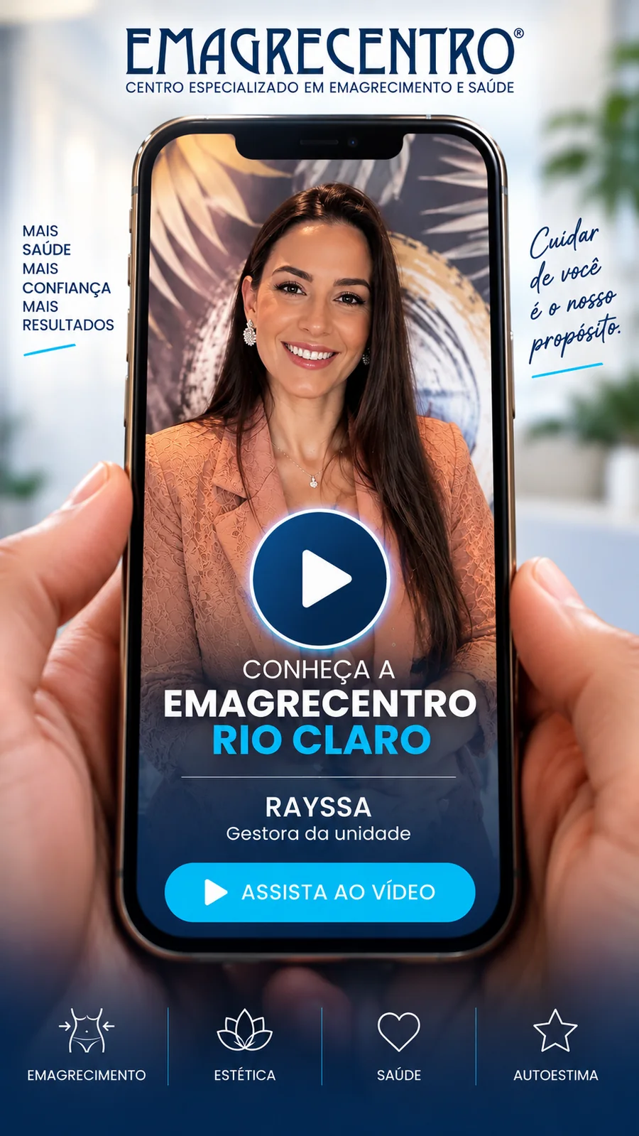 Capa do vídeo: Rayssa, gestora da Emagrecentro Vila Maria, convidando a assistir à mensagem da unidade