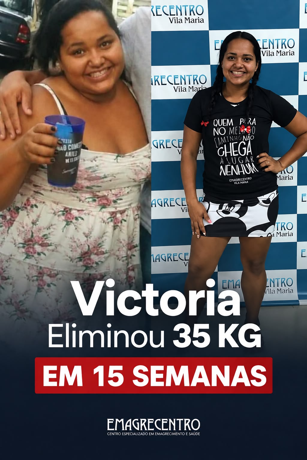 Victoria segurando plaquinha de resultado: eliminou 35 kg na Emagrecentro Vila Maria